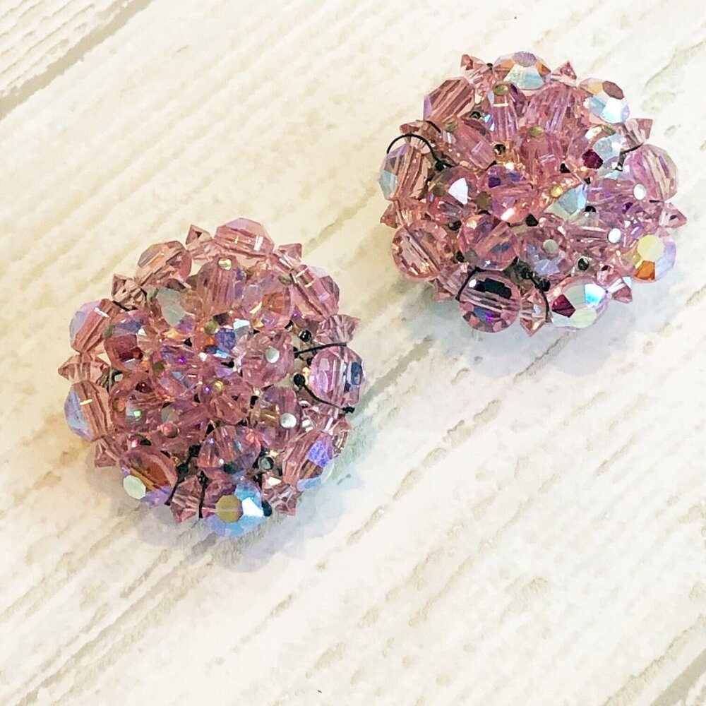Vintage Hobe Signed Pink Cluster Beaded Silver Pink Round Clip On Errings